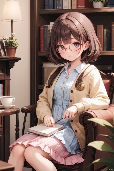 Envision an adorable and playful scene: A cat sits in front of a bookshelf, adorned with glasses and a vintage jacket, resembling an intellectual little princess