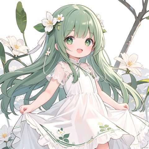  1girl, flower,white dress, solo, green hair, long hair, smile, open mouth, looking at viewer, bangs, white flower, green eyes