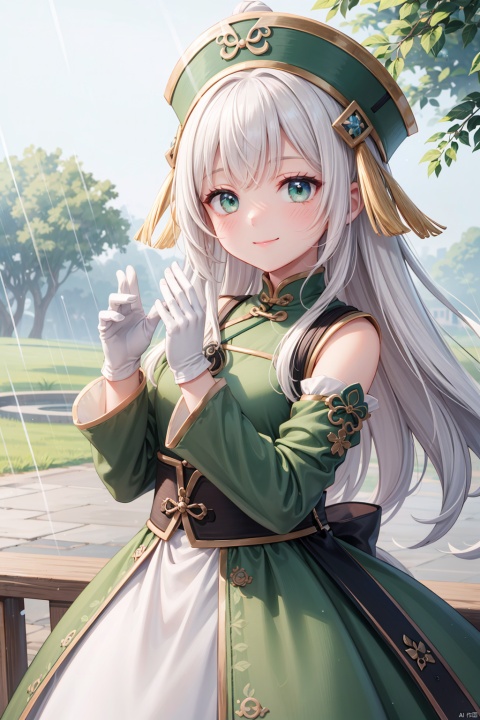  1girl, blush, closed_mouth, dress, english_text, flower, gloves, green_dress, green_headwear, hair_ornament, hands_up, long_hair, looking_at_viewer, puffy_short_sleeves, puffy_sleeves, rain, short_sleeves, smile, solo, standing, white_hair, (\ji jian\)