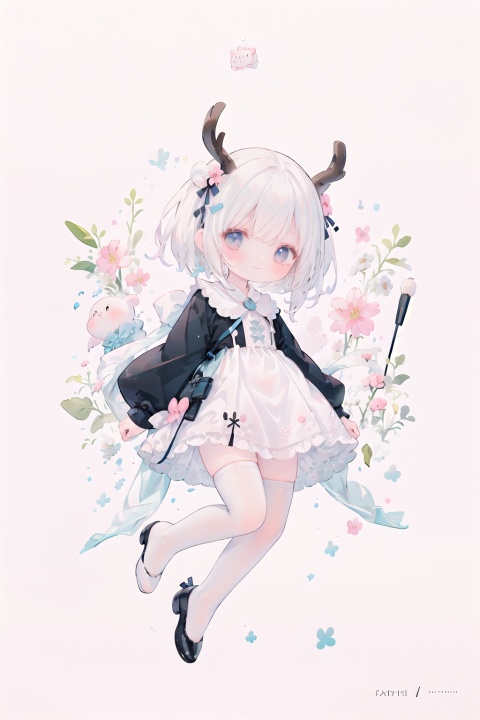  blank background, simple background, minimalism, flower, 1girl, chibi, cute, deer ears, fullbody, solo, dynamic angle, smile, best quality, highres, masterpiece, lovely black shoes, white stockings,