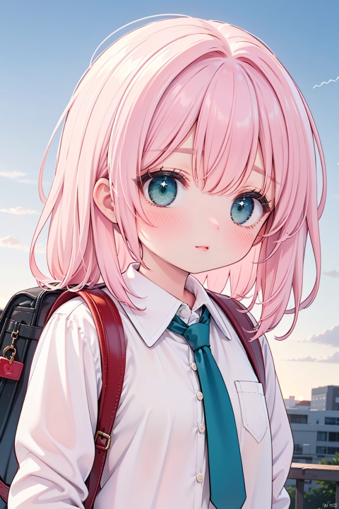  1girl, solo, long hair, looking at viewer, blush, bangs, shirt, closed mouth, green eyes, white shirt, upper body, outdoors, Light Pink hair, necktie, sky, collared shirt, cloud, bag, lips, backpack, sunset, green necktie, girl
