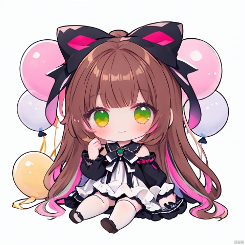  chibi,1girl, solo, thighhighs, brown hair, long hair, blush, heterochromia, virtual youtuber, smile, looking at viewer, sleeves past fingers, white thighhighs, yellow eyes, green eyes, sleeves past wrists, bangs, food, bow, pink bow, multicolored hair, bare shoulders, dress, long sleeves, hair bow, closed mouth, white background, balloon, sitting