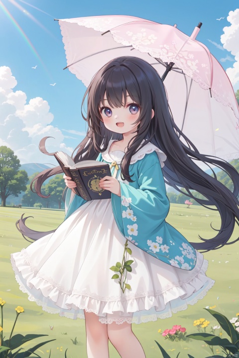  1girl, book, day, dress, grass, long_hair, long_sleeves, looking_at_viewer, magic, magic_circle, open_mouth, outdoors, rainbow, smile, solo, umbrella, very_long_hair, wide_sleeves
