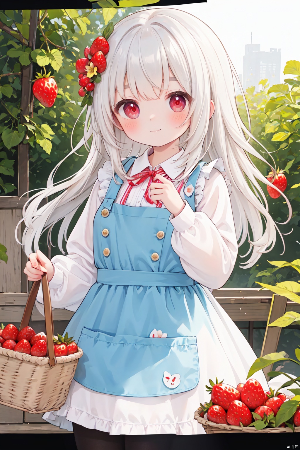  food,fruit,1girl,hair_ornament,apple,solo,long_hair,tomato,letterboxed,grapes,basket,apron,shirt,carrot,flower,holding,blush,white_shirt,looking_at_viewer,long_sleeves,hair_flower,silver_hair,red_eyes,eyebrows_visible_through_hairtitle=eyebrows_visible_through_hair),bow,strawberry,bangs,cutting_board,closed_mouth,smile,day,holding_basket,tree,breasts