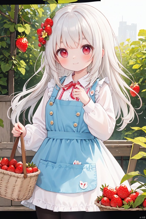  food,fruit,1girl,hair_ornament,apple,solo,long_hair,tomato,letterboxed,grapes,basket,apron,shirt,carrot,flower,holding,blush,white_shirt,looking_at_viewer,long_sleeves,hair_flower,silver_hair,red_eyes,eyebrows_visible_through_hairtitle=eyebrows_visible_through_hair),bow,strawberry,bangs,cutting_board,closed_mouth,smile,day,holding_basket,tree,breasts