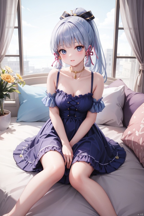  1girl,flowers style,lolita_fashion,blue dress,blue hair, ponytail ,bare legs,bare_shoulders, kamisato ayaka