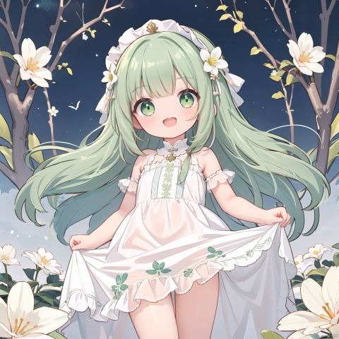  1girl, flower,white dress, solo, green hair, long hair, smile, open mouth, looking at viewer, bangs, white flower, green eyes