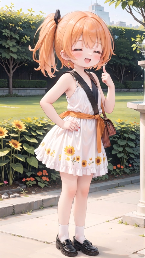  hoshino hinata,Little girl(1.4),aged down,beautiful detailed girl,narrow waist,small breasts,Glowing skin,Delicate cute face,tennis dress,fine fabric emphasis,ornate clothes,red eyes,beautiful detailed eyes,Glowing eyes,((half-closed eyes)),((orange hair)),((side ponytail,hair rings)),short hair,glowing hair,Extremely delicate hair,Thin leg,bobby socks,Slender fingers,steepled fingers,Shiny nails,mischievous smile(expression),one hand on hip,thumbs up,:d,open mouth,fangs out,long fang,beautiful detailed mouth,sunflower print(ornament),garden,fountain,hyper realistic,magic,4k,incredible quality,best quality,masterpiece,highly detailed,extremely detailed CG,cinematic lighting,light particle,backlighting,full body,high definition,detail enhancement,(perfect hands, perfect anatomy),8k_wallpaper,extreme details,colorful