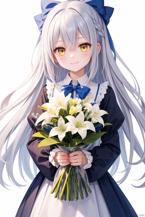  ..., 1girl, bangs, blue_bow, blue_bowtie, blue_flower, blue_ribbon, bouquet, bow, closed_mouth, eyebrows_visible_through_hair, flower, hair_between_eyes, hair_bow, holding, holding_bouquet, lily_\(flower\), long_hair, long_sleeves, looking_at_viewer, puffy_sleeves, simple_background, smile, solo, striped, striped_bow, very_long_hair, white_background, white_flower, yellow_eyes