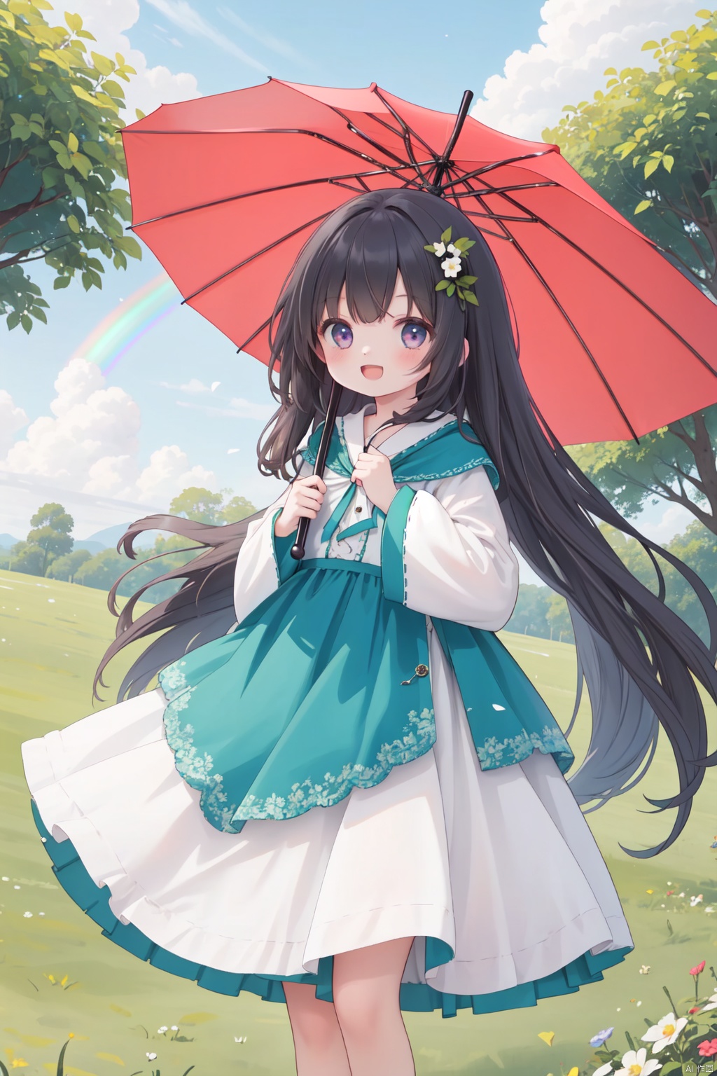  1girl, book, day, dress, grass, long_hair, long_sleeves, looking_at_viewer, magic, magic_circle, open_mouth, outdoors, rainbow, smile, solo, umbrella, very_long_hair, wide_sleeves
