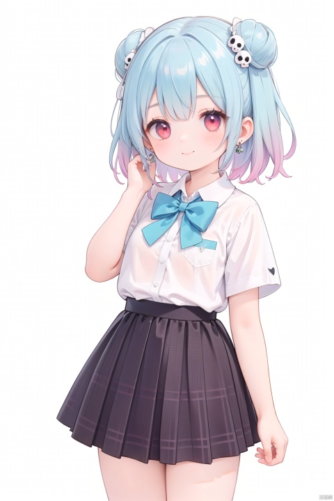  1girl, uruha_rushia, solo, skull_hair_ornament, skull_earrings, skirt, virtual_youtuber, double_bun, hair_bun, shirt, green_hair, smile, white_shirt, red_eyes, bow, jewelry, hair_ornament, simple_background, looking_at_viewer, white_background, blush, short_sleeves, blue_bow, earrings, plaid_skirt, closed_mouth, plaid, pleated_skirt, bangs, bowtie, school_uniform, collared_shirt, multicolored_hair, gradient_hair, blue_hair, twitter_username, short_hair, blue_bowtie, hand_up, grey_skirt, plaid_bowtie, cowboy_shot, plaid_bow