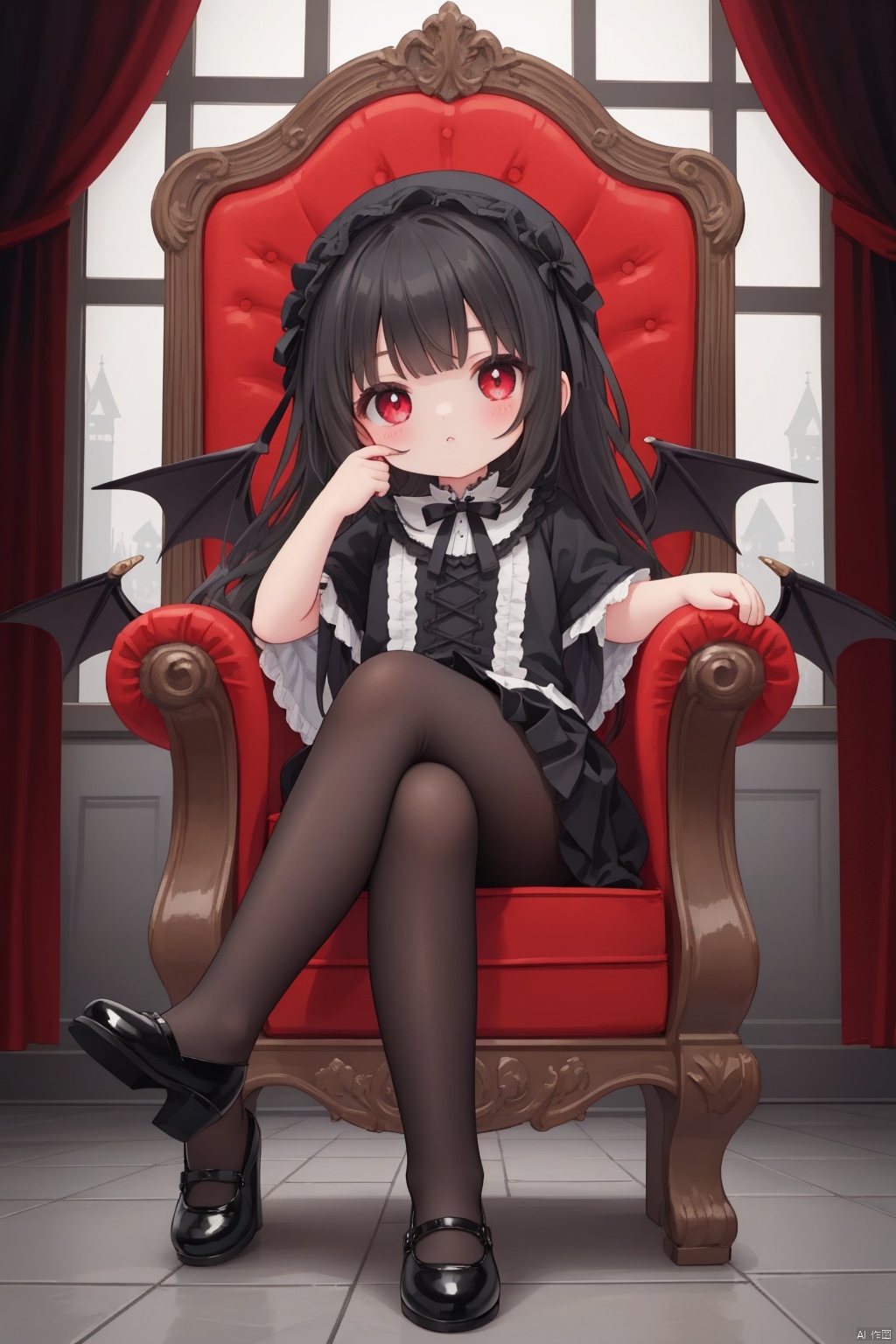  masterpiece, ((best quality)), (ultra-detailed), (illustration), an extremely delicate and beautiful girl, dynamic angle, chromatic aberration, ((colorful)),//,1girls,loli,(petite child:1.1),//,(in Gothic castle),girl with black hair,red eyes,Vertical pupil,long hair,hair arrangement,(Detailed face description),(batwing),(Gothic Lolita),(bat tail),alccandlestick,Cathedral glass,short skirt,black pantyhose,red lace,high heels,rose tattoo,throne,sitting,crossed legs,//, loli