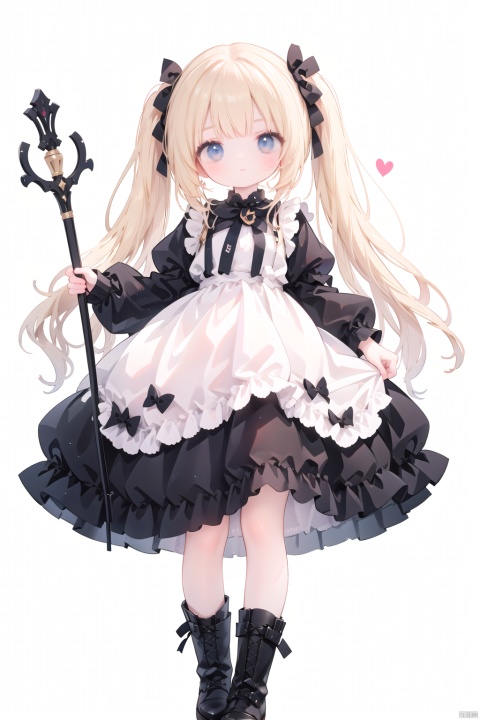  1girl, black_bow, black_dress, black_footwear, blonde_hair, boots, bow, closed_mouth, clothes_lift, curtsey, dress, dress_lift, full_body, hair_bow, holding, lifted_by_self, long_hair, long_sleeves, looking_at_viewer, skirt_hold, skirt_lift, solo, staff, standing, twintails, very_long_hair, weapon