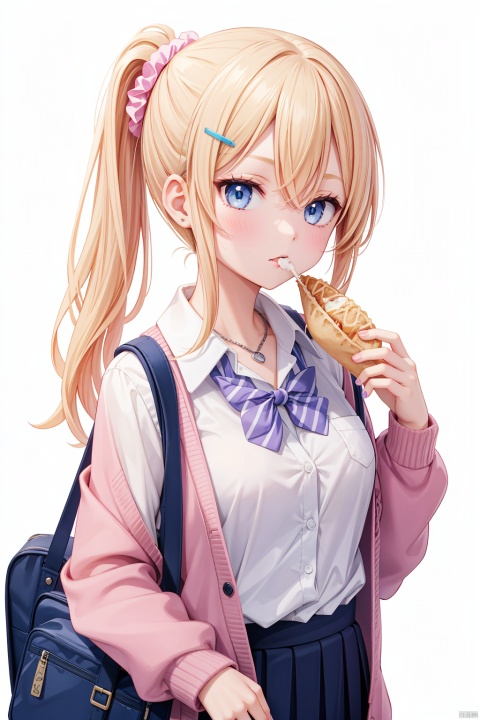 1girl, solo, long hair, breasts, looking at viewer, blush, bangs, blue eyes, blonde hair, simple background, shirt, hair ornament, long sleeves, white background, holding, hair between eyes, jewelry, school uniform, white shirt, sidelocks, food, collared shirt, necklace, bag, nail polish, side ponytail, sweater, eating, scrunchie, cardigan, holding food, hair scrunchie, blue nails, school bag, food on face, clothes around waist, blue scrunchie, shuuchiin academy school uniform, crepe, cardigan around waist