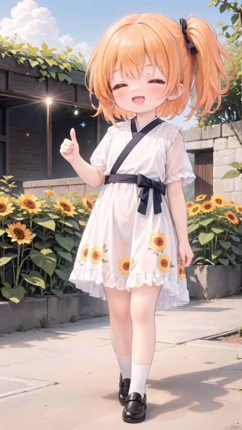  hoshino hinata,Little girl(1.4),aged down,beautiful detailed girl,narrow waist,small breasts,Glowing skin,Delicate cute face,tennis dress,fine fabric emphasis,ornate clothes,red eyes,beautiful detailed eyes,Glowing eyes,((half-closed eyes)),((orange hair)),((side ponytail,hair rings)),short hair,glowing hair,Extremely delicate hair,Thin leg,bobby socks,Slender fingers,steepled fingers,Shiny nails,mischievous smile(expression),one hand on hip,thumbs up,:d,open mouth,fangs out,long fang,beautiful detailed mouth,sunflower print(ornament),garden,fountain,hyper realistic,magic,4k,incredible quality,best quality,masterpiece,highly detailed,extremely detailed CG,cinematic lighting,light particle,backlighting,full body,high definition,detail enhancement,(perfect hands, perfect anatomy),8k_wallpaper,extreme details,colorful