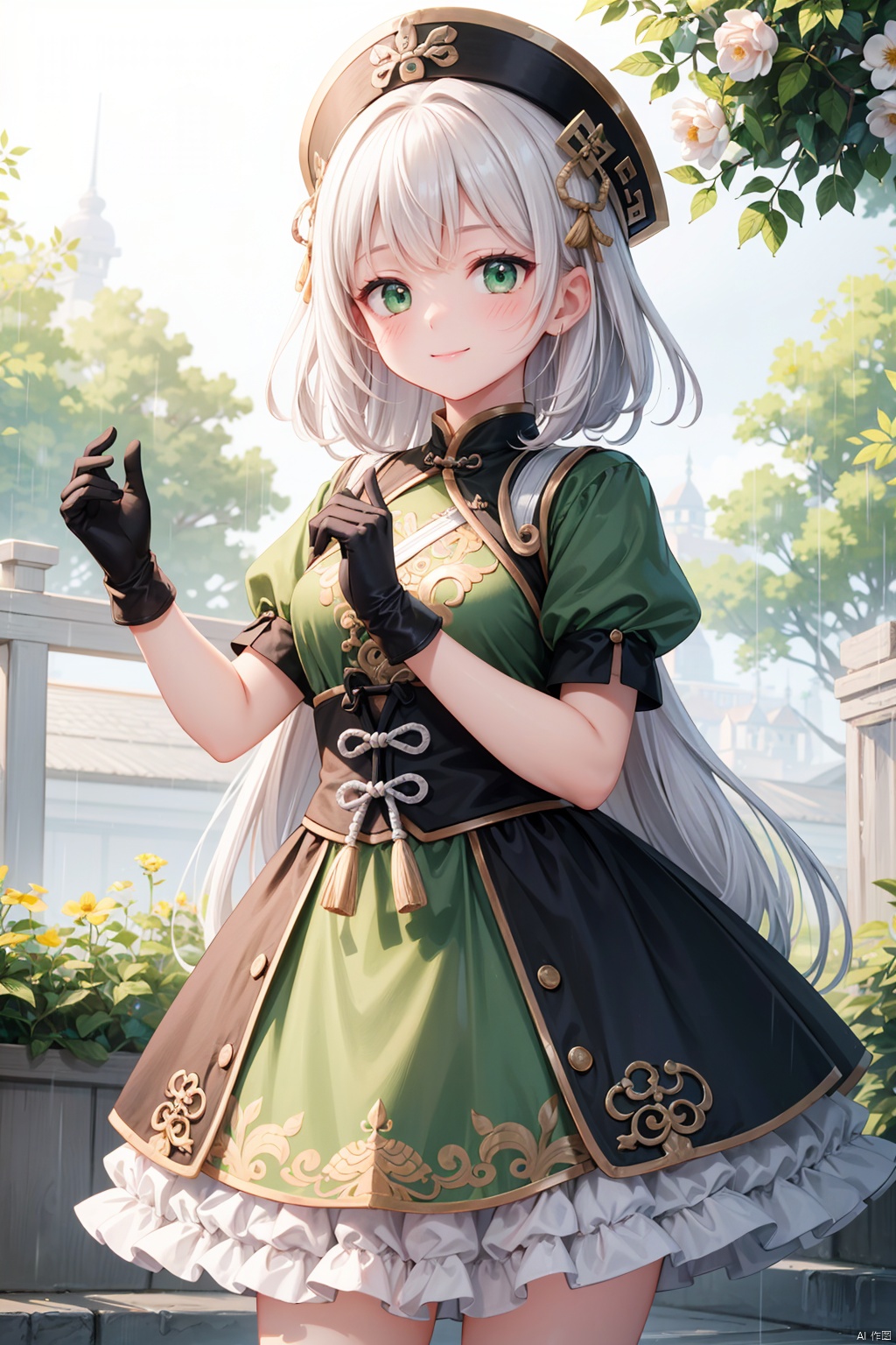  1girl, blush, closed_mouth, dress, english_text, flower, gloves, green_dress, green_headwear, hair_ornament, hands_up, long_hair, looking_at_viewer, puffy_short_sleeves, puffy_sleeves, rain, short_sleeves, smile, solo, standing, white_hair, (\ji jian\)