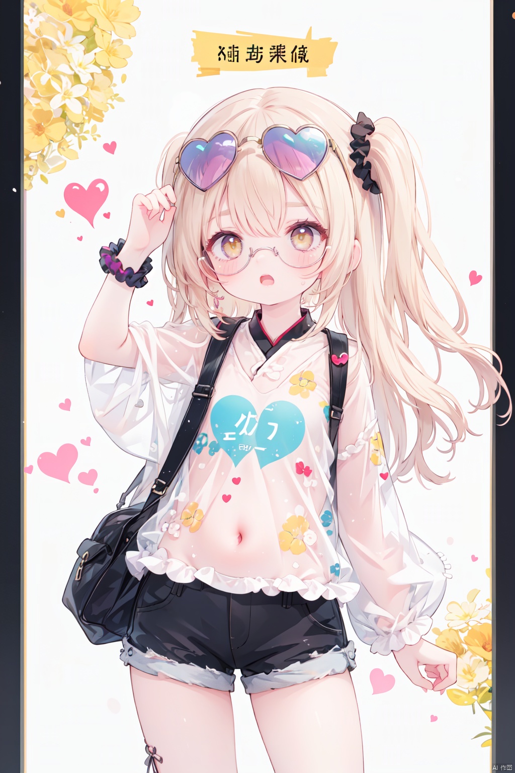  1girl, *******, character_profile, chinese_text, eyebrows_visible_through_hair, eyewear_on_head, heart, heart-shaped_eyewear, jewelry, long_hair, open_mouth, scrunchie, shorts, solo, sunglasses, two_side_up, wrist_scrunchie, yellow_eyes
