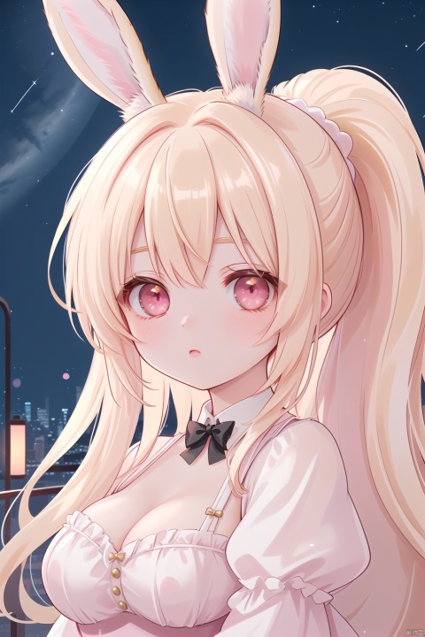  lolita fashion, round face, golden hair, golden light, forest, rabbit ears, double ponytail, pink eyeball, lolita, (black tight), large city, flying cars, fantastc, neon lamps, future, night_sky, midnight
