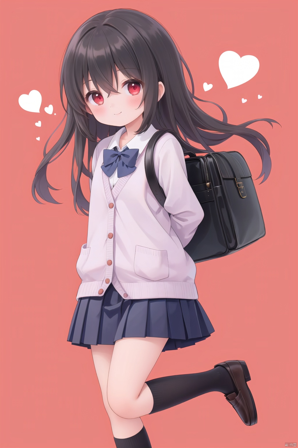  (masterpiece),(best quality),illustration,ultra detailed,hdr,Depth of field,(colorful),[iumu],[Sheya],[Artist chen bin],Artist ogipote, 1girl, solo, skirt, long hair, red eyes, black hair, blush, socks, school bag, school uniform, looking at viewer, bag, bow, closed mouth, smile, heart, black skirt, pleated skirt, loafers, white socks, black bow, school briefcase, shoes, shirt, long sleeves, cardigan, briefcase, bowtie, holding, hair between eyes, red background, arms behind back, :3, kneehighs