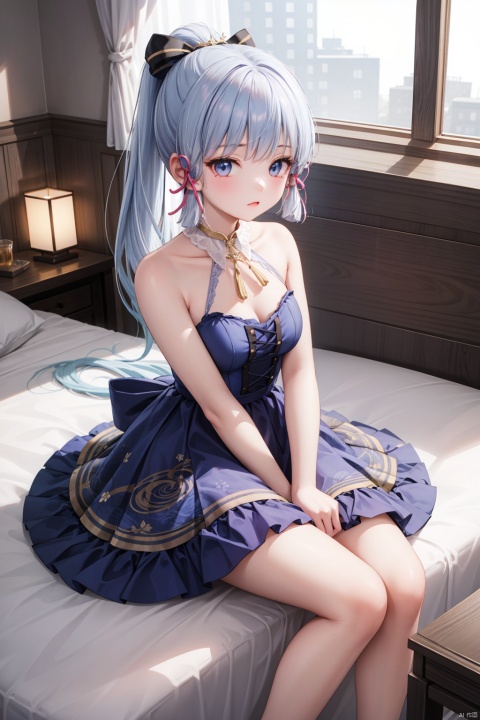  1girl,flowers style,lolita_fashion,blue dress,blue hair, ponytail ,bare legs,bare_shoulders, kamisato ayaka