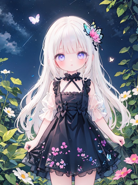  night,glowing eyes
1 girl, solo, long white hair, blue eyes, detailed eyes, blink and youll miss it detail, purple glittering butterflies, outdoors, flower garden, high quality, floral background, very detailed
