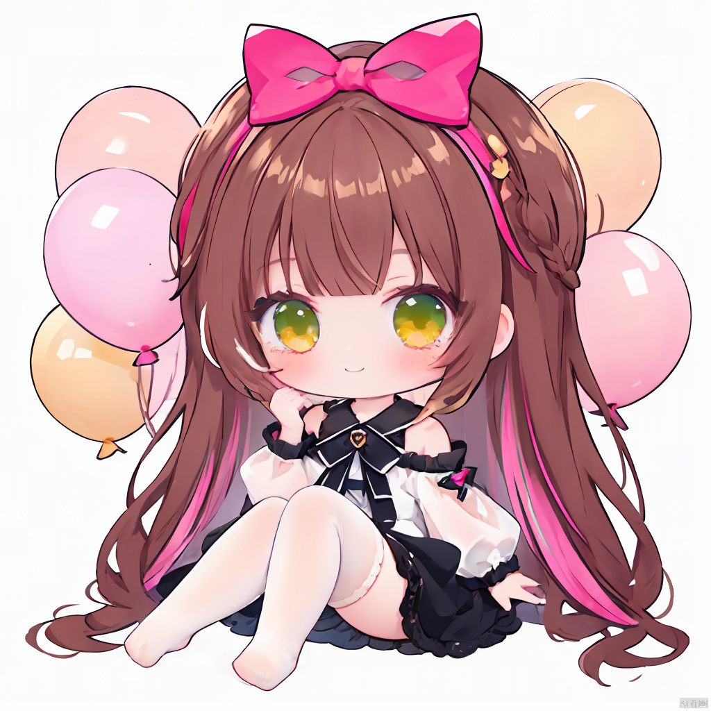  chibi,1girl, solo, thighhighs, brown hair, long hair, blush, heterochromia, virtual youtuber, smile, looking at viewer, sleeves past fingers, white thighhighs, yellow eyes, green eyes, sleeves past wrists, bangs, food, bow, pink bow, multicolored hair, bare shoulders, dress, long sleeves, hair bow, closed mouth, white background, balloon, sitting