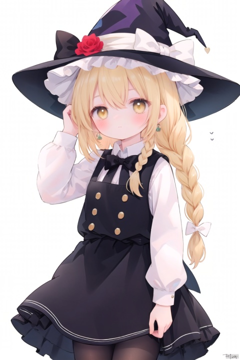  (masterpiece),(best quality),illustration,ultra detailed,hdr,Depth of field,(colorful),[iumu],[Sheya],[Artist chen bin],1girl, hat, kirisame marisa, blonde hair, solo, yellow eyes, bug, witch hat, butterfly, long hair, braid, bow, flower, apron, black headwear, single braid, long sleeves, hair ornament, earrings, jewelry, white bow, hair flower, shirt, white shirt, closed mouth, hair between eyes, waist apron, white apron, black bow, white flower, hat bow, black skirt, blush, bowtie, skirt, black bowtie, looking at viewer, rose, hair bow, vest, black vest, frills, signature, buttons, hand on headwear