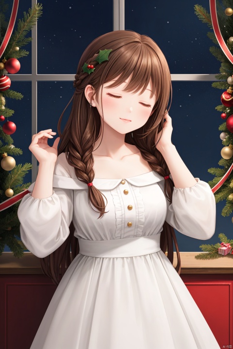  (masterpiece), (best quality), illustration, ultra detailed, hdr, Depth of field, (colorful),[Artist DIno],[Artist iumu],1girl, solo, dress, long hair, closed eyes, white dress, long sleeves, brown hair, hair over shoulder, hand up, merry christmas, braid, christmas, collarbone