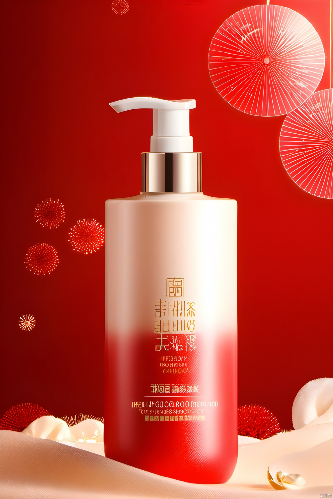 1, New Year Festive (style) 3 product photography, festive atmosphere scenes, sparkling, Chinese red, scented body lotion products, glamorous atmosphere, eye catching, high end, advanced color palette, C4D, redshift rendering, high quality, masterpieces, Ultra High Definition, super detailed, festive (style), Red festive wallpaper
