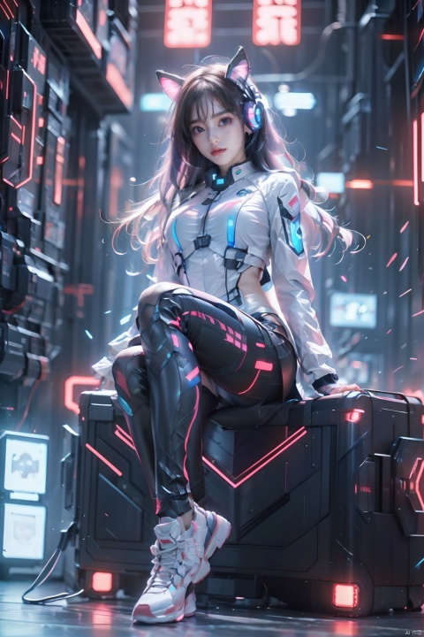  Optical particle,1girl,Future style gel coat,Future Combat Suit,animal ears,bodysuit,breasts,cat ear headphones,computer,hand on headphones,Glowing Clothing,Future Technology Space Station,full body,Sitting posture,Clothing with multiple light sources,headphones,headset,laptop,long hair,looking at viewer,motor vehicle,robot ears,science fiction,sitting,solo,Purple hair, glow, BY MOONCRYPTOWOW,(holographic projection), (cyberpunk style), (mechanical modular background), (Luminous circuit) (Flashing neon light) (Blue illuminated background) (Background blurring treatment), Light-electric style,shining, (\shuang hua\)