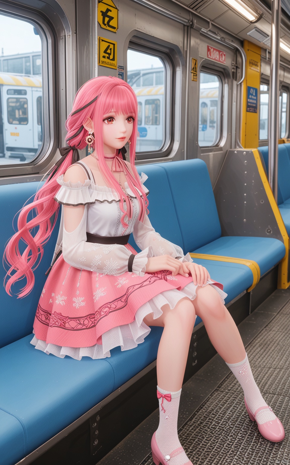 q1528437228,solo,1girl,long_hair,pink_hair,dress,ribbon,bangs,long_sleeves,hair_ribbon,pink_skirt,jewelry,twintails,brown_eyes,necklace,skirt,choker,pink_eyes,braid,virtual_youtuber,socks,white_shirt,black_ribbon,sidelocks,shirt,floral_print,pink_footwear,shoes,pink_dress,frills,very_long_hair,white_socks,bow,ponytail,pink_ribbon,bag,hair_ornament,bare_shoulders,low_twintails,earrings,hair_bow,
BREAK
fair_skin,white_skin,shiny_skin,Ivory_skin,solo focus,(perfect_face:1.2),(perfect_anatomy:1.1),(upper_body:1.2),(portrait:1.1),large breasts,
sitting,(train_interior:1.1),(blurry_background:1.2),
score_9,