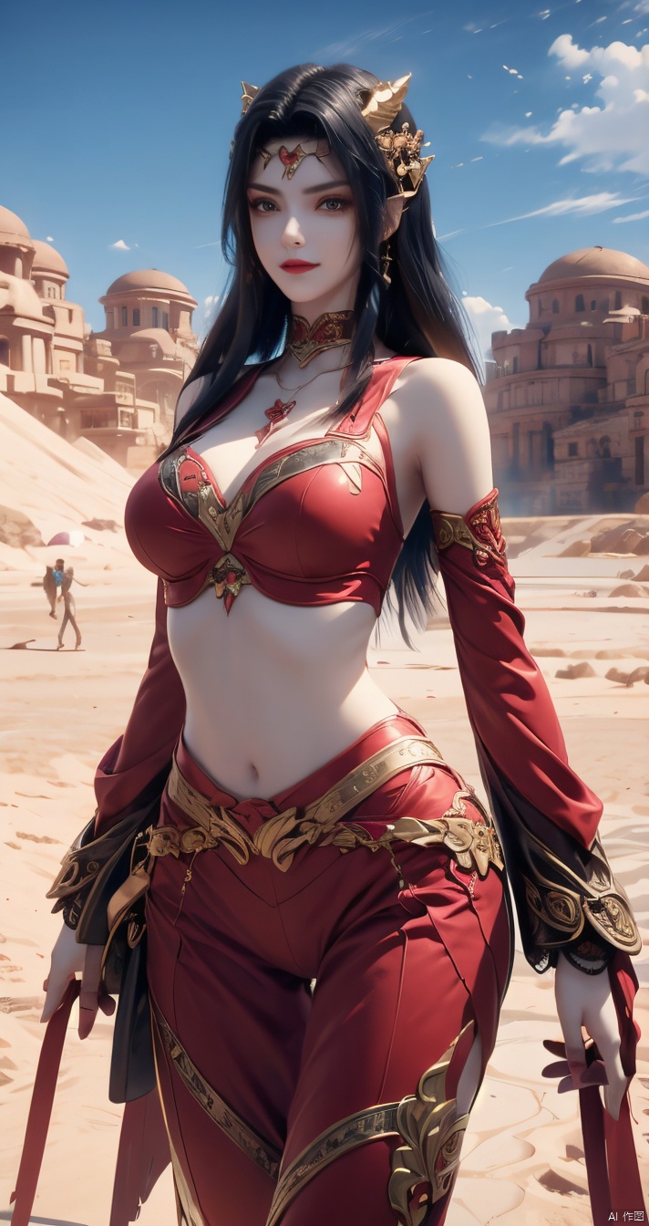  one-girl, ((desert)),((Stand deep in the desert)), looks into camera, Large, perfect body figure,c-medusa,behisheroine,There is a tattoo on the waist,sssr,smile,
inimitable masterpiece, 1 girl, big butt, ultra-realistic 8k CG,perfect artwork, perfect female body, (mature female), small waist, big long legs, looking at the audience, ((seductive pose, sexy pose)), beautiful face, pure face, long hair, (huge breasts), lace-rimmed leg pants, delicate patterns, intricate details,(Representative :1.4), (best quality :1.4), cozy animation scenes