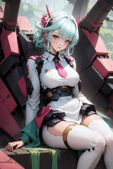  1girl,(flowers theme), (jewerly theme),looking at far,,(((white theme))),sitting ,EARRINGS,HAND BARCERT,NECK TIE,MECHA GIR,detaileddetailed background,big breasts