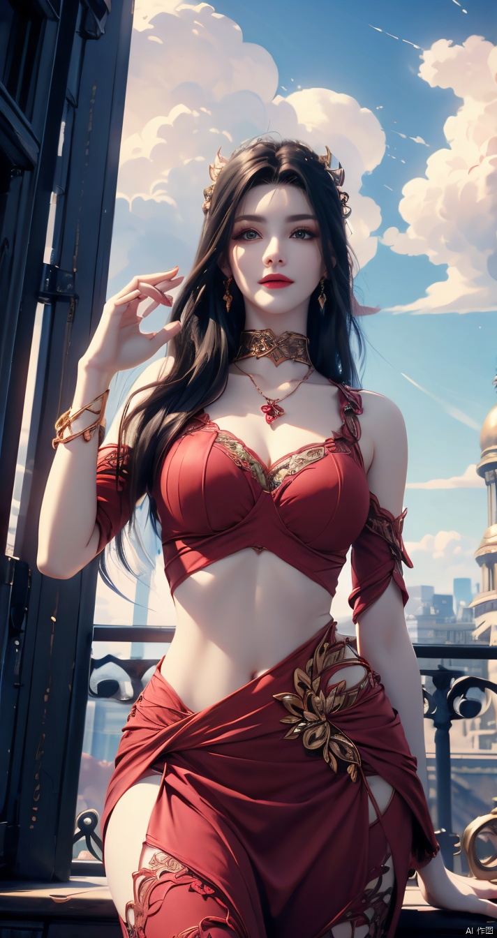  inimitable masterpiece, ((sky,clouds,sunlight,outdoors)),1 girl, big butt, ultra-realistic 8k CG, ((shy)), perfect artwork, perfect female body, (mature female), creamy fat, small waist, big long legs, looking at the audience, ((seductive pose, sexy pose)), Clean, beautiful face, pure face, long hair, (huge breasts), lace-rimmed leg pants, delicate patterns, intricate details, (rich :1.4), gorgeous, luxurious, jewelry, gems, diamonds, glitter, sapphires, ((seductive smile)), blue eyes, red lips, curvy, wide hips, ruby, emerald, (Representative :1.4), (best quality :1.4), glossy skin, black hair, bracelet, solo, fishnet, jewelry, Facial mark, Earrings, buns, necklaces, hair accessories, 1 girl, cozy animation scenes