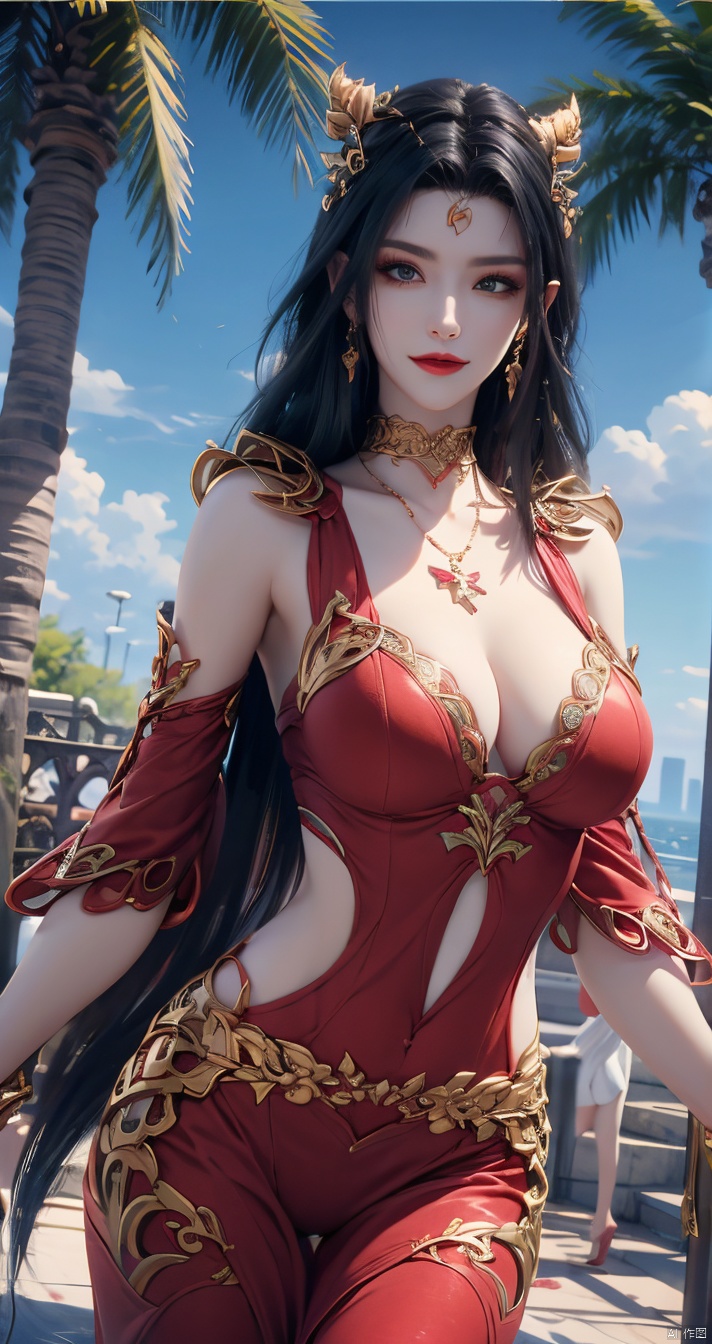  inimitable masterpiece, (sky,clouds,sunlight,outdoors),1 girl, big butt, ultra-realistic 8k CG, ((shy)), perfect artwork, perfect female body, (mature female), creamy fat, small waist, big long legs, looking at the audience, ((seductive pose, sexy pose)), Clean, beautiful face, pure face, long hair, (huge breasts), lace-rimmed leg pants, delicate patterns, intricate details, (rich :1.4), gorgeous, luxurious, jewelry, gems, diamonds, glitter, sapphires, ((seductive smile)), blue eyes, red lips, curvy, wide hips, ruby, emerald, (Representative :1.4), (best quality :1.4), glossy skin, black hair, bracelet, solo, fishnet, jewelry, Facial mark, Earrings, buns, necklaces, hair accessories, 1 girl, cozy animation scenes