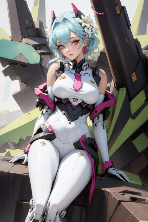  1girl,(flowers theme), (jewerly theme),looking at far,,(((white theme))),sitting ,EARRINGS,HAND BARCERT,NECK TIE,MECHA GIR,detaileddetailed background,big breasts,