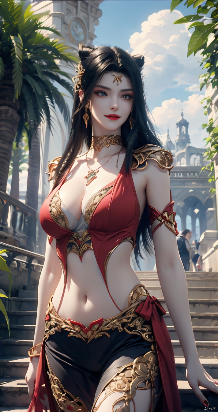  inimitable masterpiece, (((sky,clouds,sunlight,outdoors))),1 girl, big butt, ultra-realistic 8k CG, ((shy)), perfect artwork, perfect female body, (mature female), creamy fat, small waist, big long legs, looking at the audience, ((seductive pose, sexy pose)), Clean, beautiful face, pure face, long hair, (huge breasts), lace-rimmed leg pants, delicate patterns, intricate details, (rich :1.4), gorgeous, luxurious, jewelry, gems, diamonds, glitter, sapphires, ((seductive smile)), blue eyes, red lips, curvy, wide hips, ruby, emerald, (Representative :1.4), (best quality :1.4), glossy skin, black hair, bracelet, solo, fishnet, jewelry, Facial mark, Earrings, buns, necklaces, hair accessories, 1 girl, cozy animation scenes