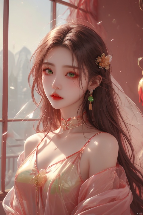  masterpiece, best quality, ice, A girl, silk, cocoon, spider web, Solo, Complex Details, Color Differences, Realistic, (Moderate Breath), Green Eyes, Earrings, Sharp Eyes, Perfect Fit, Choker, Dim Lights, cocoon, transparent, jiBeauty, Ink scattering_Chinese style, hydress-hair ornaments, (\meng ze\),full body