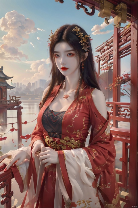  (masterpiece, best quality:1.2),(1girl:1.5),
a red pattern with white swirls , jujingyi, 1girl,flower, (\meng ze\),bubble, xianjing hanfu crane,cloud smoke, liuguang,big breasts,cleavage