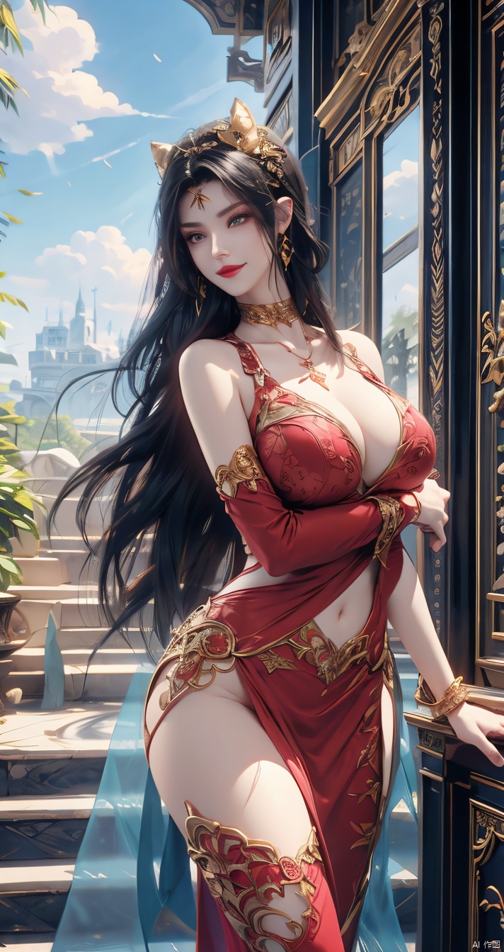  inimitable masterpiece, (sky,clouds,sunlight,outdoors),1 girl, big butt, ultra-realistic 8k CG, ((shy)), perfect artwork, perfect female body, (mature female), creamy fat, small waist, big long legs, looking at the audience, ((seductive pose, sexy pose)), Clean, beautiful face, pure face, long hair, (huge breasts), lace-rimmed leg pants, delicate patterns, intricate details, (rich :1.4), gorgeous, luxurious, jewelry, gems, diamonds, glitter, sapphires, ((seductive smile)), blue eyes, red lips, curvy, wide hips, ruby, emerald, (Representative :1.4), (best quality :1.4), glossy skin, black hair, bracelet, solo, fishnet, jewelry, Facial mark, Earrings, buns, necklaces, hair accessories, 1 girl, cozy animation scenes