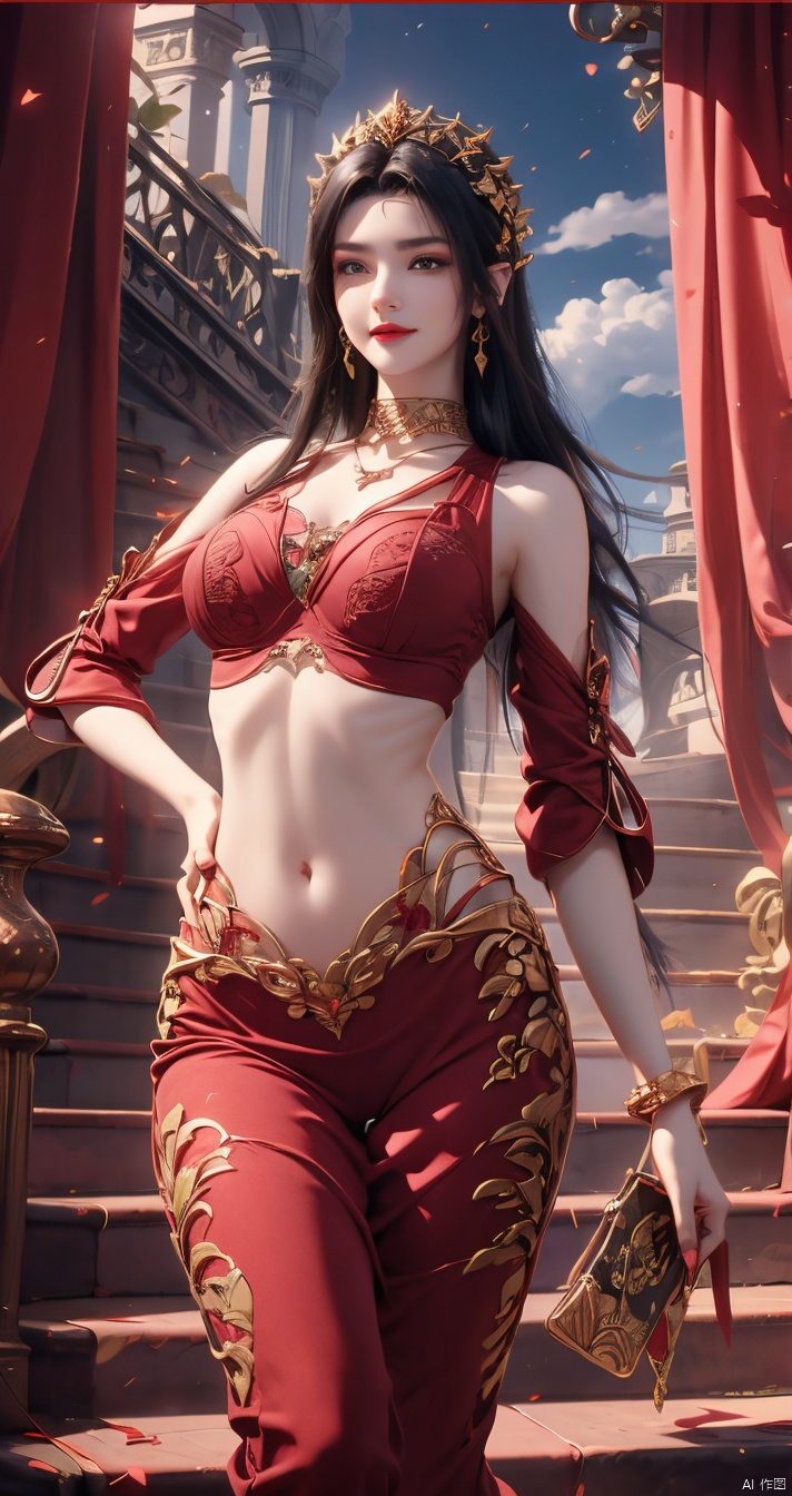  inimitable masterpiece, sky,clouds,sunlight,outdoors,1 girl, big butt, ultra-realistic 8k CG, ((shy)), perfect artwork, perfect female body, (mature female), creamy fat, small waist, big long legs, looking at the audience, ((seductive pose, sexy pose)), Clean, beautiful face, pure face, long hair, (huge breasts), lace-rimmed leg pants, delicate patterns, intricate details, (rich :1.4), gorgeous, luxurious, jewelry, gems, diamonds, glitter, sapphires, ((seductive smile)), blue eyes, red lips, curvy, wide hips, ruby, emerald, (Representative :1.4), (best quality :1.4), glossy skin, black hair, bracelet, solo, fishnet, jewelry, Facial mark, Earrings, buns, necklaces, hair accessories, 1 girl, cozy animation scenes