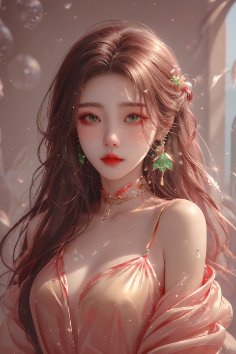  masterpiece, best quality, ice, A girl, silk, cocoon, spider web, Solo, Complex Details, Color Differences, Realistic, (Moderate Breath), Green Eyes, Earrings, Sharp Eyes, Perfect Fit, Choker, Dim Lights, cocoon, transparent, jiBeauty, Ink scattering_Chinese style, hydress-hair ornaments, (\meng ze\)