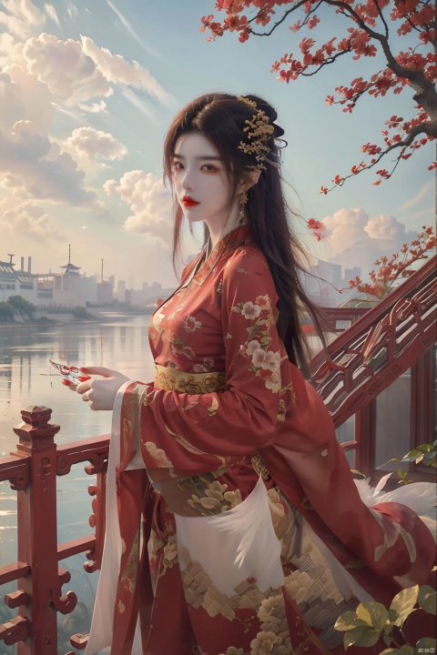 (masterpiece, best quality:1.2),(1girl:1.5),
a red pattern with white swirls , jujingyi, 1girl,flower, (\meng ze\),bubble, xianjing hanfu crane,cloud smoke, liuguang