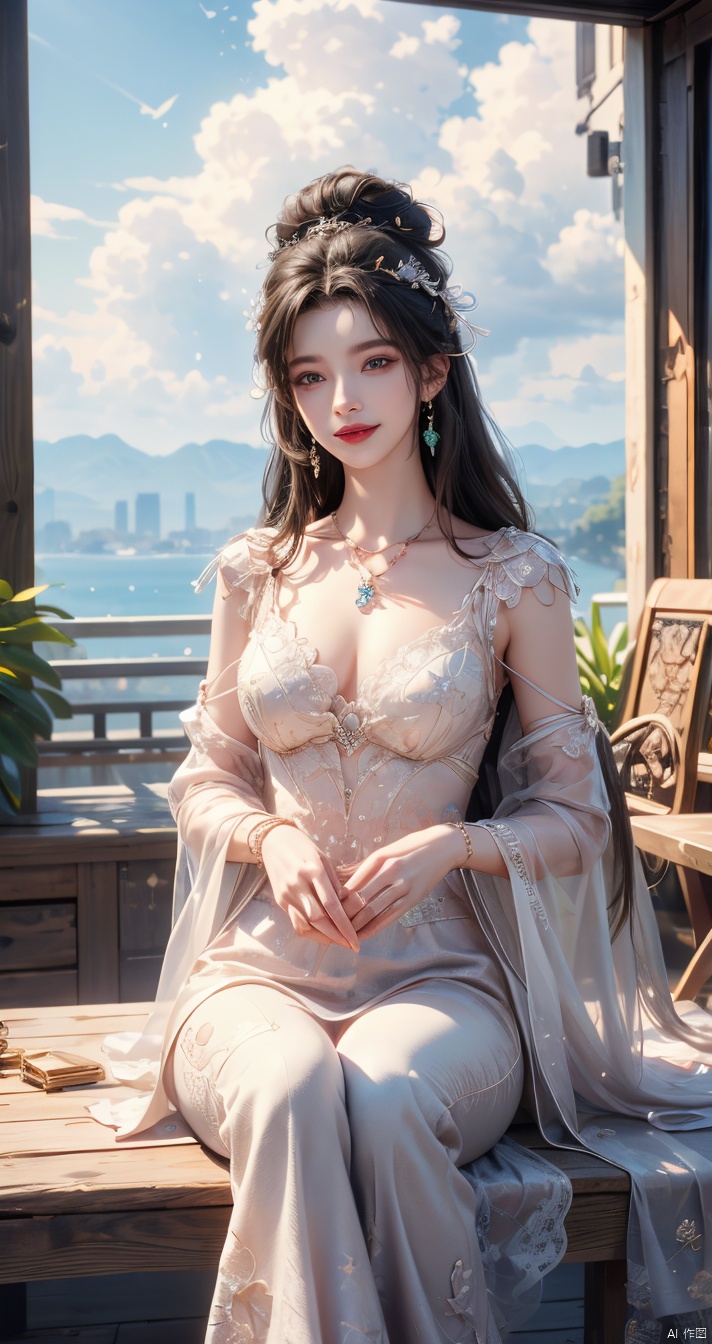  inimitable masterpiece, (sky,clouds,sunlight,outdoors),1 girl, ultra-realistic 8k CG, ((shy)), perfect artwork, perfect female body, (mature female), creamy fat, big long legs, looking at the audience, Clean, beautiful face, pure face, long hair, lace-rimmed leg pants, delicate patterns, intricate details, (rich :1.4), gorgeous, luxurious, jewelry, gems, diamonds, glitter, ((seductive smile)), red lips, curvy, ruby, emerald, (Representative :1.4), (best quality :1.4), glossy skin, black hair, bracelet, solo, fishnet, jewelry, Facial mark, Earrings, buns, necklaces, hair accessories, 1 girl, cozy animation scenes, qingyi