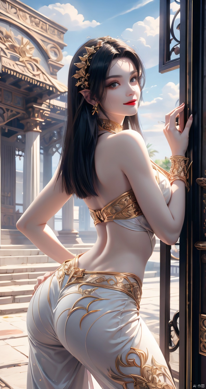  inimitable masterpiece, (sky,clouds,sunlight,outdoors),1 girl, big butt, ultra-realistic 8k CG, ((shy)), perfect artwork, perfect female body, (mature female), creamy fat, small waist, big long legs, looking at the audience, ((seductive pose, sexy pose)), Clean, beautiful face, pure face, long hair, (huge breasts), lace-rimmed leg pants, delicate patterns, intricate details, (rich :1.4), gorgeous, luxurious, jewelry, gems, diamonds, glitter, sapphires, ((seductive smile)), blue eyes, red lips, curvy, wide hips, ruby, emerald, (Representative :1.4), (best quality :1.4), glossy skin, black hair, bracelet, solo, fishnet, jewelry, Facial mark, Earrings, buns, necklaces, hair accessories, 1 girl, cozy animation scenes