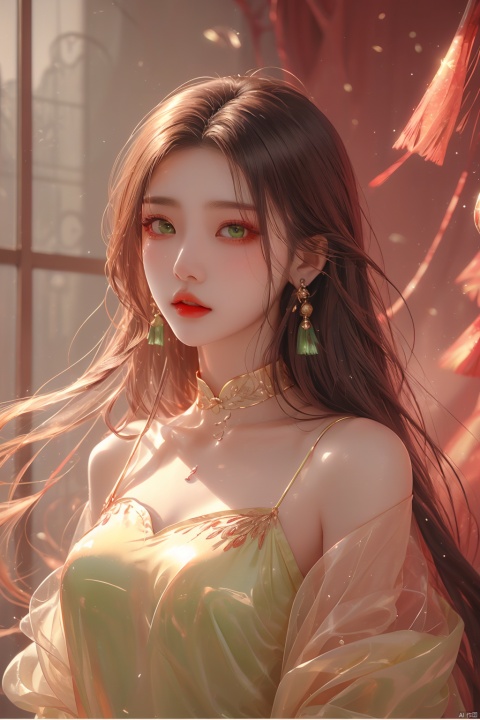  masterpiece, best quality, ice, A girl, silk, cocoon, spider web, Solo, Complex Details, Color Differences, Realistic, (Moderate Breath), Green Eyes, Earrings, Sharp Eyes, Perfect Fit, Choker, Dim Lights, cocoon, transparent, jiBeauty, Ink scattering_Chinese style, hydress-hair ornaments, (\meng ze\),full body