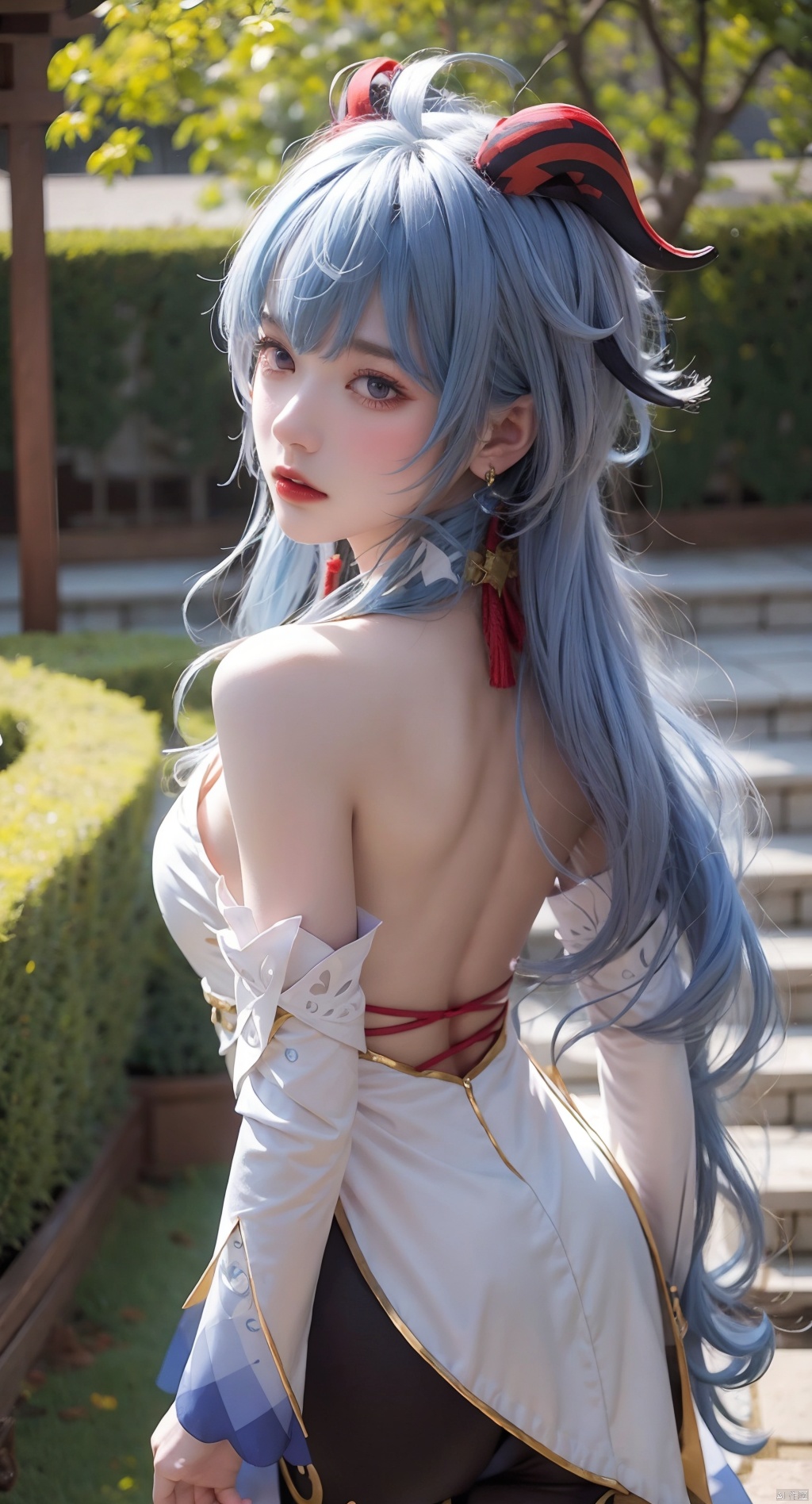 nsfw,legs,Big buttock,naked back,from back, (masterpiece, best quality, best shadow,official art, correct body proportions, Ultra High Definition Picture,master composition),(best hands details:1.2),bust, 1 girl, (gray-blue hair: 1.2), gray-blue hair, long hair, long hair behind her, horn decoration on the head, hair on the forehead, ornament on the head, Black top with white sleeves,lilac eyes,Upper body view, ornament on the neck,Bell necklace in front of the neck, long-sleeved clothes, bare shoulders,model pose,////// (Sunny Day, Walking in the Garden), Medieval European Courtyard with Vegetation, //////1girl, (genshin impact), ganyu (genshin impact), ganyu \(genshin impact\)