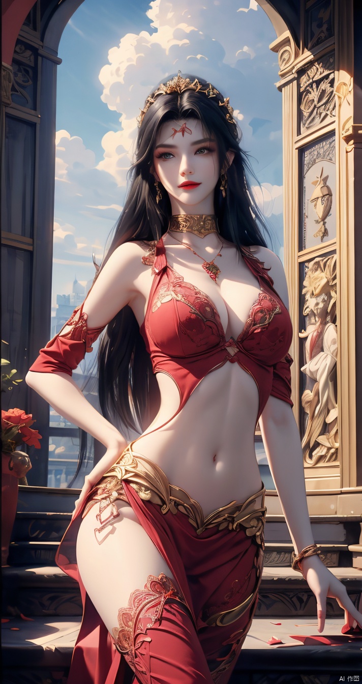  inimitable masterpiece, ((sky,clouds,sunlight,outdoors)),1 girl, big butt, ultra-realistic 8k CG, ((shy)), perfect artwork, perfect female body, (mature female), creamy fat, small waist, big long legs, looking at the audience, ((seductive pose, sexy pose)), Clean, beautiful face, pure face, long hair, (huge breasts), lace-rimmed leg pants, delicate patterns, intricate details, (rich :1.4), gorgeous, luxurious, jewelry, gems, diamonds, glitter, sapphires, ((seductive smile)), blue eyes, red lips, curvy, wide hips, ruby, emerald, (Representative :1.4), (best quality :1.4), glossy skin, black hair, bracelet, solo, fishnet, jewelry, Facial mark, Earrings, buns, necklaces, hair accessories, 1 girl, cozy animation scenes