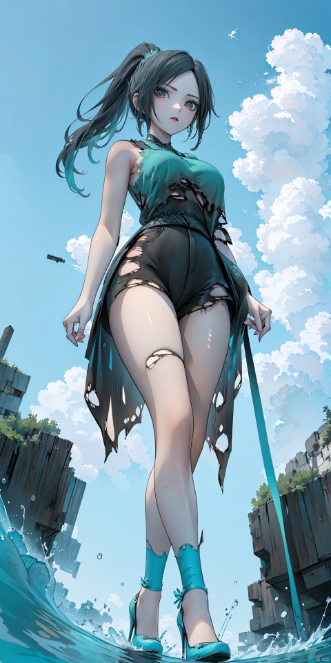  (Torn:1.5),A girl, black hair, (high ponytail hairstyle), royal elder sister, (whole body: 1.5), big breasts, (cyan sleeveless bare-shouldered T-shirt, cyan tight shorts, high heels, black stockings: 1.2), standing, by the sea, shooting from below.