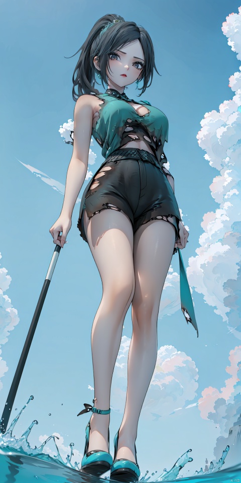  (Torn:1.5),A girl, black hair, (high ponytail hairstyle), royal elder sister, (whole body: 1.5), big breasts, (cyan sleeveless bare-shouldered T-shirt, cyan tight shorts, high heels, black stockings: 1.2), standing, by the sea, shooting from below,big breasts,cleavage